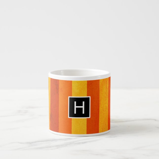 Warm Weathered Orange Red Stripes Monogram Espresso Cup (Front)