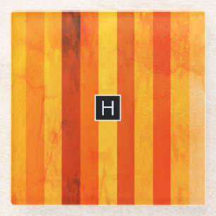 Warm Weathered Orange Red Stripes Monogram Glass Coaster