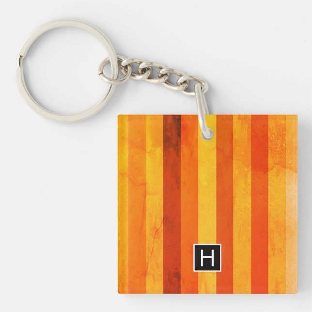 Warm Weathered Orange Red Stripes Monogram Key Ring (Front)