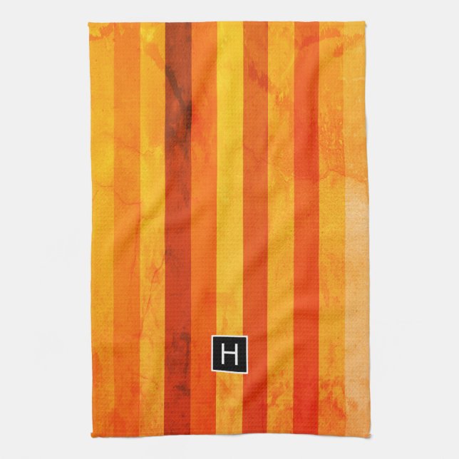 Warm Weathered Orange Red Stripes Monogram Tea Towel (Vertical)
