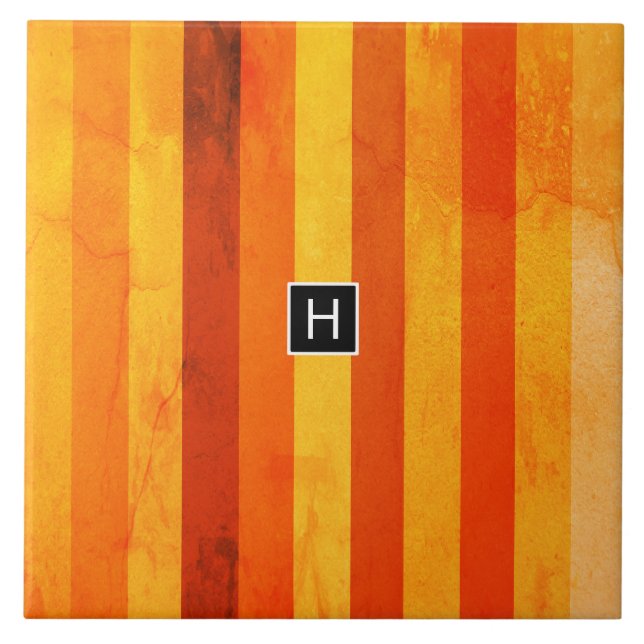 Warm Weathered Orange Red Stripes Monogram Tile (Front)