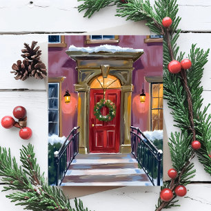 Warm Welcome Christmas Red Wreath Cosy Painting Holiday Card