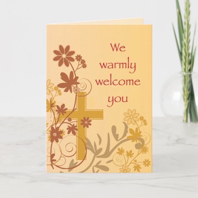 Warm Welcome to Parish Cross Swirls Flowers Leaves Card (Front)