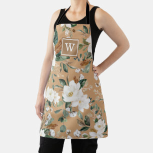 Warm White Floral Botanical Greenery Monogram Apron