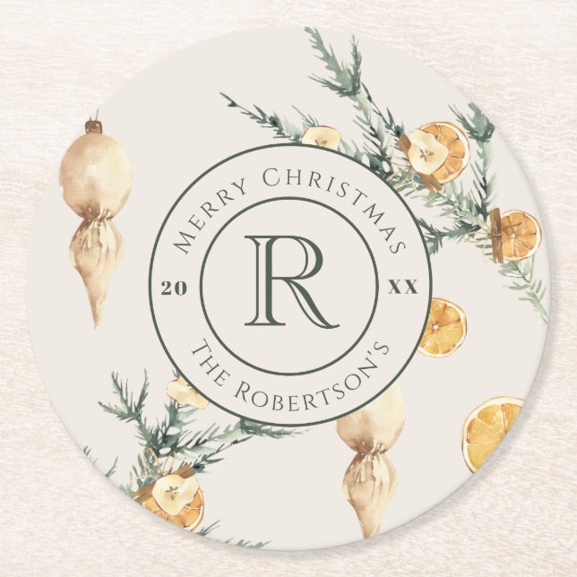 Warm Winter Charm: Chic Watercolor Monogrammed Round Paper Coaster (Front)