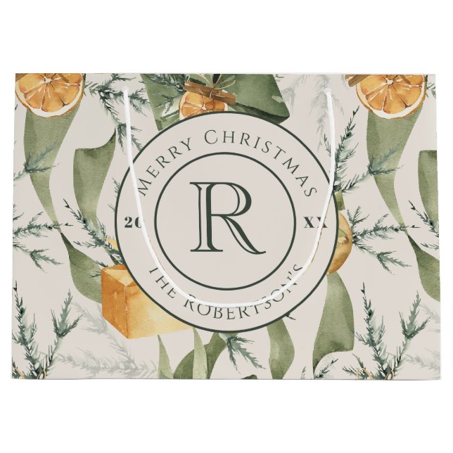 Warm Winter Elegance: Watercolor Monogrammed Large Gift Bag (Front)