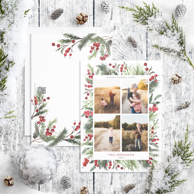 Warm Winter Pine Berry Natural Botanicals 4 Photo  Holiday Card (Creator Uploaded)