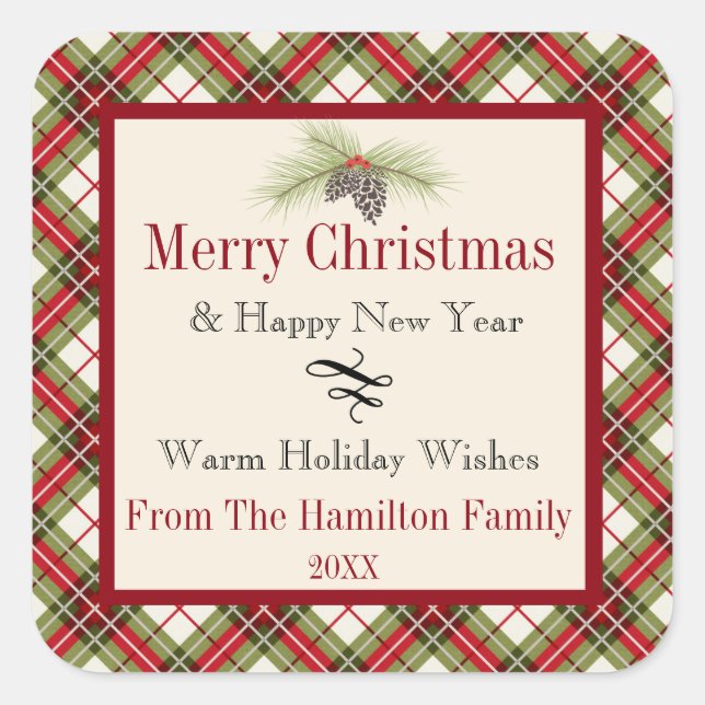 Warm Winter Plaid Personalised Holiday Square Sticker (Front)