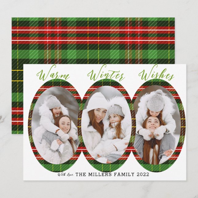 Warm Winter Wishes 3 Photo Collage   Holiday Card (Front/Back)