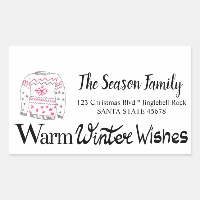 Warm Winter Wishes Christmas Sweater address Rectangular Sticker (Front)