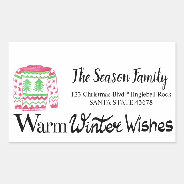 Warm Winter Wishes Christmas Sweater address Rectangular Sticker (Front)