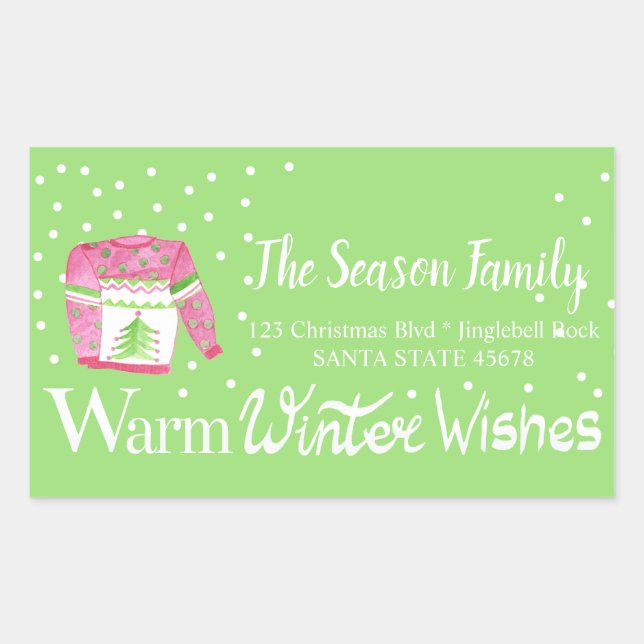 Warm Winter Wishes Christmas Sweater address Rectangular Sticker (Front)