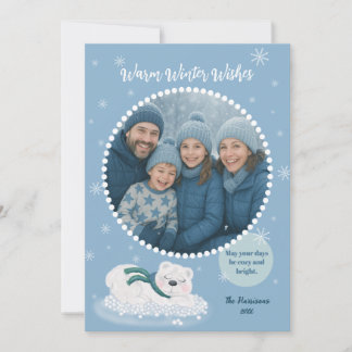 Warm Winter Wishes Cute Blue Sleeping Polar Bear Holiday Card