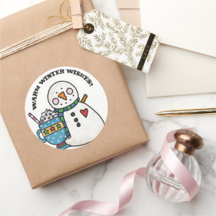 Warm Winter Wishes, Cute Snowman Classic Round Sticker
