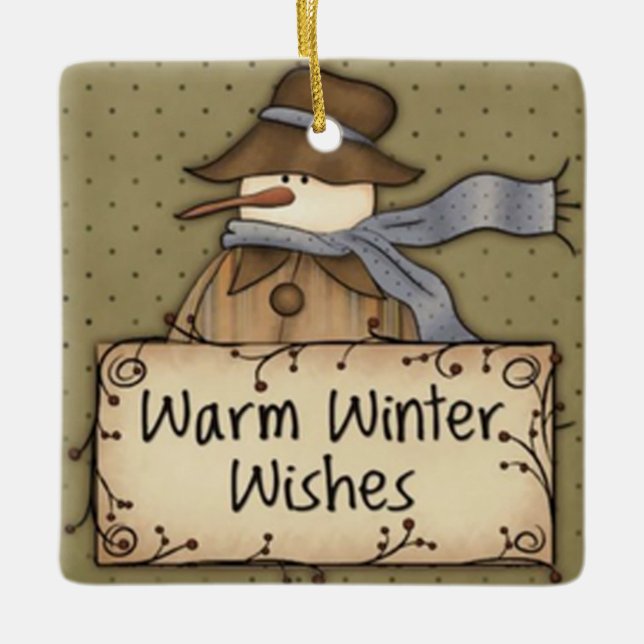 Warm Winter Wishes Snowman Ceramic Ornament (Front)