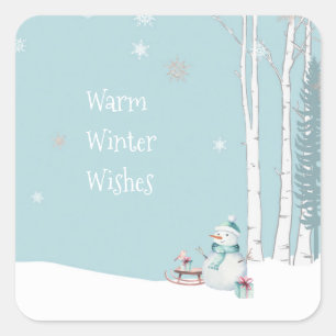 Warm Winter Wishes Snowman with Sled Snowing Teal Square Sticker