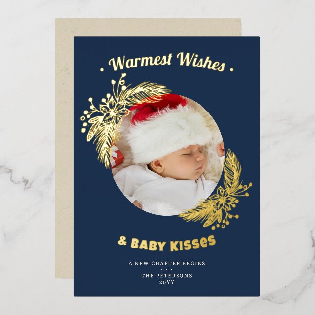 Warm Wishes Baby Kisses Floral Navy Holiday Photo (Front/Back)