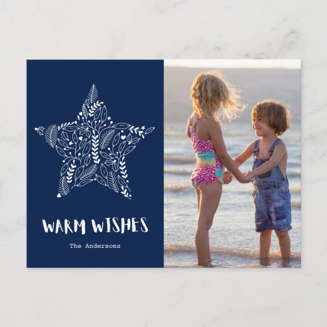 Warm Wishes Beach Navy Blue Family Photo Holiday Postcard (Front)