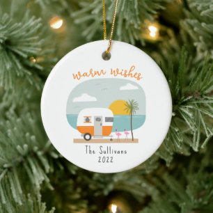 Warm Wishes Beach Orange Camper Flamingo Ceramic Tree Decoration