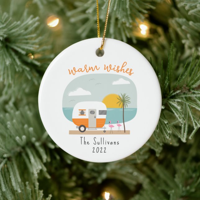 Warm Wishes Beach Orange Camper Flamingo Ceramic Tree Decoration (Tree)