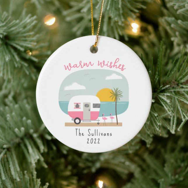 Warm Wishes Beach Pink Camper Flamingo Ceramic Tree Decoration (Tree)