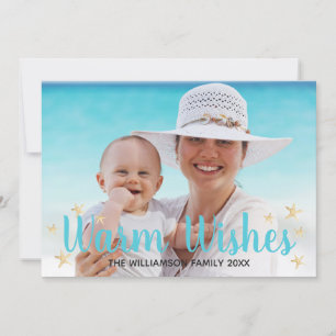 Warm Wishes Blue Beach Starfish Christmas Photo Holiday Card