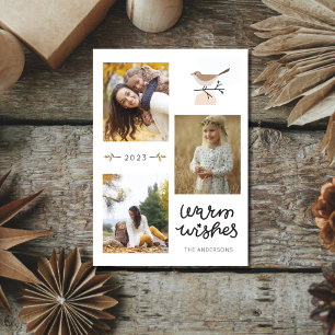 Warm Wishes Botanical Bird Three Photo Christmas Holiday Card