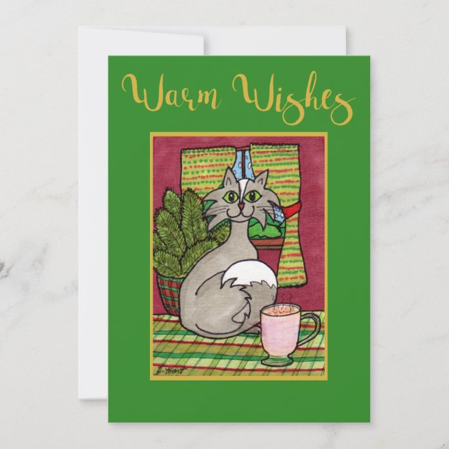 Warm Wishes Cat & Eggnog Personalised Christmas Holiday Card (Front)