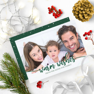 Warm Wishes Chic Green Calligraphy Photo Christmas Invitation