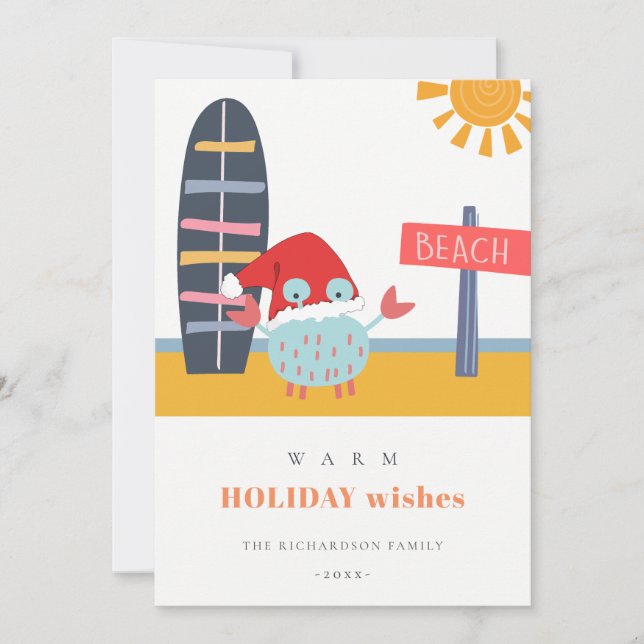 Warm Wishes Christmas in July Beach Sun Sand Crab Holiday Card (Front)