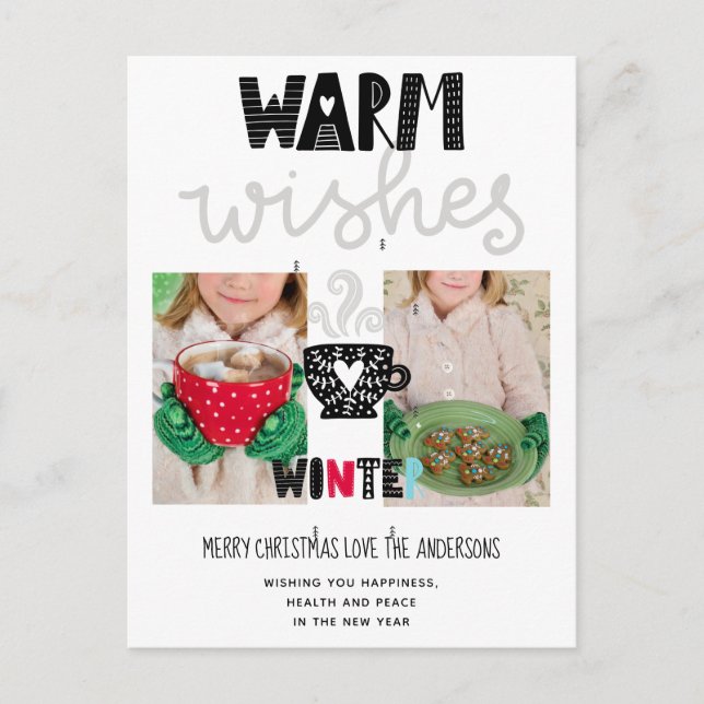 Warm Wishes Christmas PHOTO Scandinavian Doodles Postcard (Front)