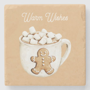 Warm Wishes Cocoa Marshmallows Gingerbread Man Stone Coaster