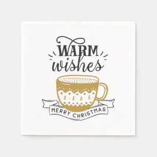 Warm Wishes Cup Hot Coffee Cocoa Xmas Gold Black  Napkin