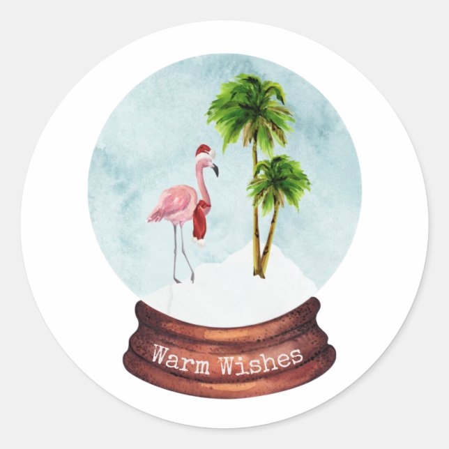 Warm Wishes Flamingo Palm Trees Snow Globe Classic Round Sticker (Front)