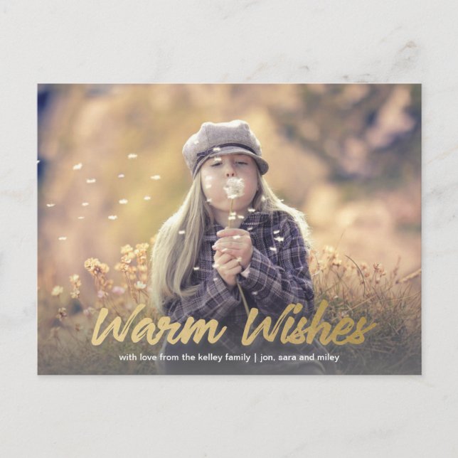 Warm Wishes Gold Script Horizontal Holiday Photo Postcard (Front)