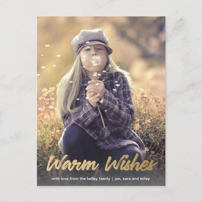 Warm Wishes Gold Script Vertical Holiday Photo Postcard (Front)