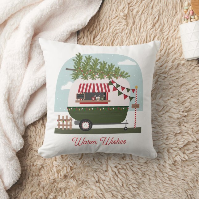 Warm Wishes Hot Cocoa Camper Christmas Cushion (Blanket)