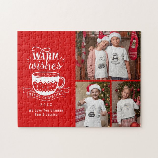 Warm Wishes Hot Cup Cocoa Red White Photo Collage Jigsaw Puzzle (Horizontal)