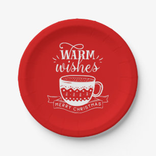 Warm Wishes Hot Cup Coffee Cocoa Red White   Paper Plate