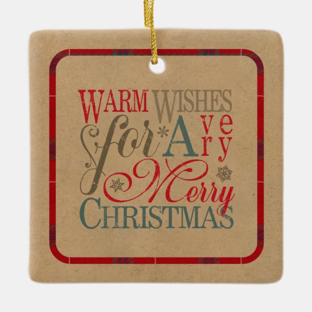 Warm Wishes Kraft & Tartan Red/Green ID589 Ceramic Ornament (Front)