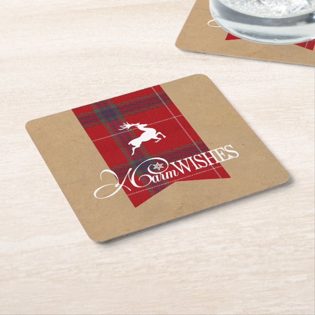 Warm Wishes Kraft & Tartan Red ID589 Square Paper Coaster (Angled)