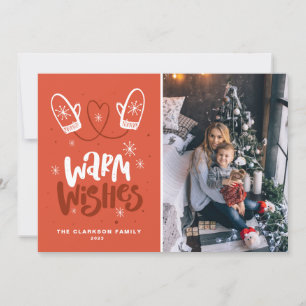 Warm Wishes Lettering   Snowflakes Mittens Photo Holiday Card