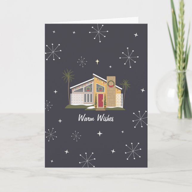 Warm Wishes Midcentury House Palm Tree Christmas Holiday Card (Front)