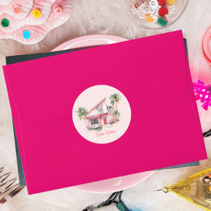 Warm Wishes Midcentury Modern House Pink Christmas Classic Round Sticker
