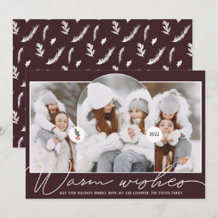 Warm wishes modern arch 3 photos plum white holiday card