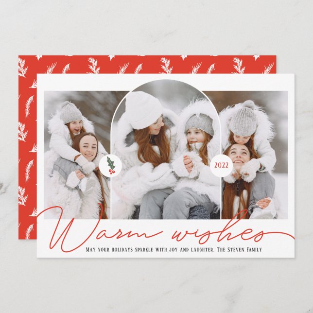 Warm wishes modern arch 3 photos red script holiday card (Front/Back)