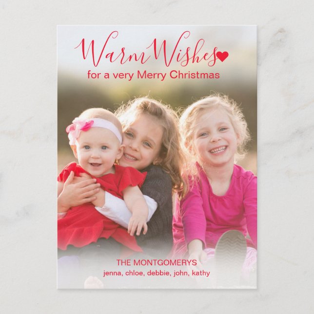 Warm Wishes Modern Red Script Photo Christmas Postcard (Front)