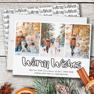 Warm Wishes Outline Lettering 3 Vertical Photo Holiday Card