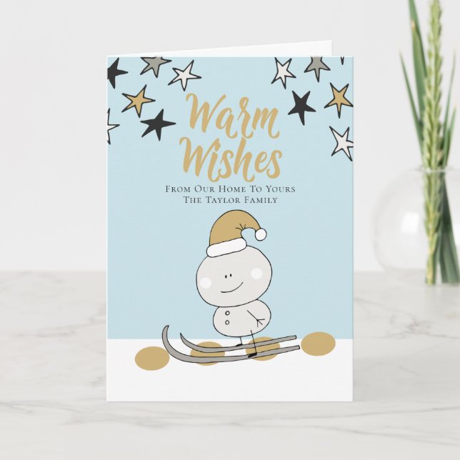 Warm Wishes Personalised Skier Christmas Holiday Card (Front)