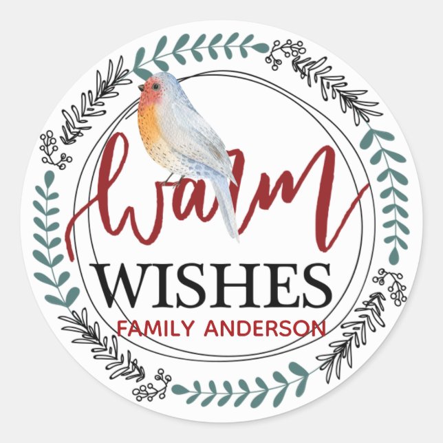 WARM WISHES Personalised Winter / Christmas Robin Classic Round Sticker (Front)